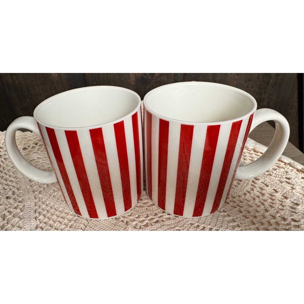 Set of 2 Temptations by Tara Red White Striped Coffee Mugs‎ Cups Holiday